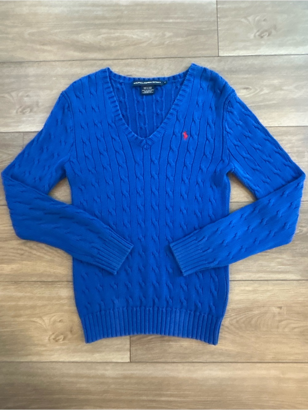 Ralph Lauren Sport Blue Cable Knit V Neck Cotton Sweater Pony M 100% Cotton